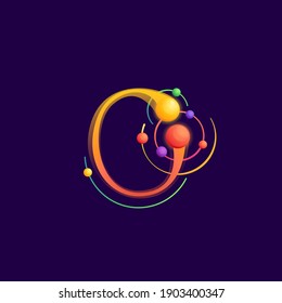 O letter logo with atoms orbits. Vector vivid icon perfect to use in any science labels, technology posters, astronomy identity, etc.