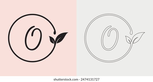 "O" Letter Logo for business and company identity with Concept Circle Nature Leaf. Unique Hand Drawn Alphabet letter font. Vector Illustration.