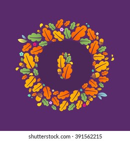 O letter logo in a circle of oak leaves and acorns. Autumn font style, vector design template elements for your ecology application or corporate identity.