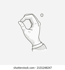 O Letter Logo In A Deaf-mute Hand Gesture Alphabet. Hand-drawn Engraving Style Vector American Sign Language Illustration.