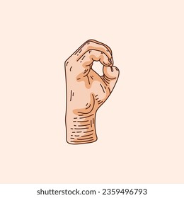 O letter logo in a deaf-mute hand gesture alphabet. Hand drawn vector illustration isolated on brown background.