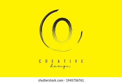 O letter logo design with black squares and circle frame on bright yellow background. Creative vector illustration with letter O.