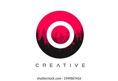 O Letter Logo Design with Pine Forest Vector Shapes and Red Circular shape Color Illustration