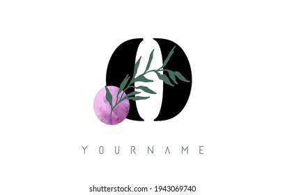 O Letter logo design with pink circle and green leaves. Vector Illustration with with Botanical elements. Nature template concept with O letter for branding, corporate, business, eco  products.