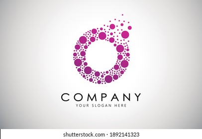 O Letter Logo with Dot or Circle Dispersion Bubble Effect. O Dotted letter in purple gradient vector illustration.