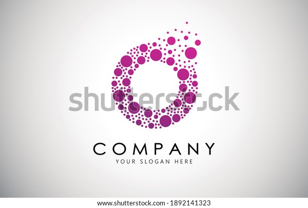 O Letter\
Logo with Dot or Circle Dispersion Bubble Effect. O Dotted letter\
in purple gradient vector\
illustration.