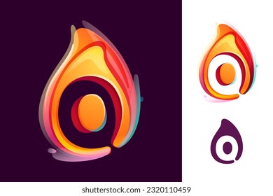 O letter logo in fire flame. Negative space 3D realistic icon. Vibrant initial in overlapping watercolor style. Vector watercolor font for danger labels, multicolor warning posters, sport identity.