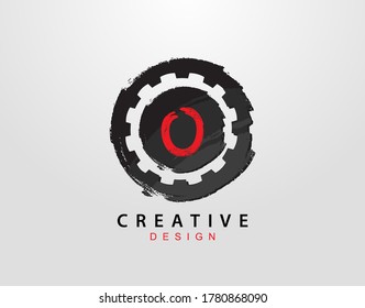 O Letter Logo With Gear and Circle Grunge Element. Retro Gear logo design template.