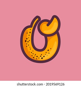 O letter logo made of banana. Fruit handmade calligraphy for agricultural identity, restaurant cards, kids t-shirt, summer prints, etc.