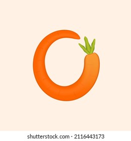 O letter logo made of carrot. Vector hand made organic vegatable font. Useful for vegatable logo, ecology and organic elements, vegan identity etc.