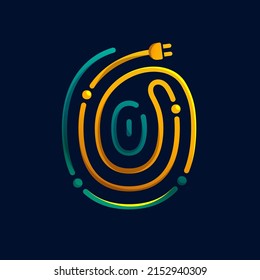 O letter logo made of fingerprint with plug. Colorful cable icon with vivid gradients and lines. Perfect for energy design, accessories advertising, gadget packaging, electric identity.