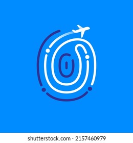 O letter logo made of fingerprint with plane and airplane trail. Blue and white line icon. Vector typeface for travel labels, tourism headlines, journey posters, aviation cards etc.