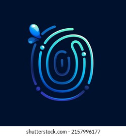 O letter logo made of fingerprint with pure water waves and drops. Blue gradient line icon. Vector emblem for environment friendly design, drink advertising, ecology application, organic identity.