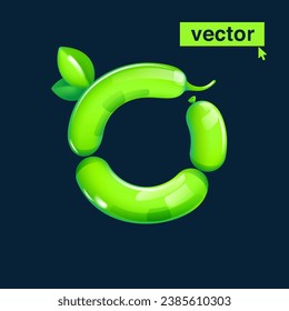 O letter logo made of twisted balloons. Eco-friendly realistic 3D render with green leaves. Vector elements in cartoon style. Perfect for nature banner, healthy food labels, garden art, and grass adv.