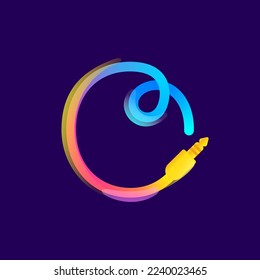 O letter logo made of vivid gradient line wire with mini jack icon and rainbow shine. Overlapping multicolor emblem. Ideal for music app, audio design, DJ identity, technology advertising.