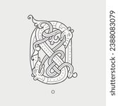 O letter logo. Medieval drop caps monogram. Initials made of spiral Celtic beasts, snake, dragon. Gothic illuminated calligraphy. Middle Ages heraldic ornate capitals. Germanic font for pagan tattoos.