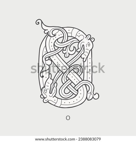 O letter logo. Medieval drop caps monogram. Initials made of spiral Celtic beasts, snake, dragon. Gothic illuminated calligraphy. Middle Ages heraldic ornate capitals. Germanic font for pagan tattoos.