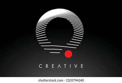 O Letter Logo with Red Dot Circle and Warp Lines Design Vector. Creative O Icon Letter made of white Warped Lines 