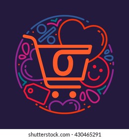 O letter logo with shopping cart icon, hearts and smile.  Vector design element for card, corporate identity, label or poster.