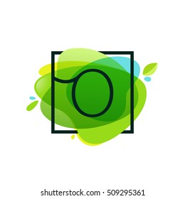 O letter logo in square frame at green watercolor splash background.  Green art. Vector ecology typography for your posters, invitations, cards. 