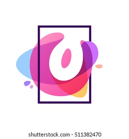 O letter logo in square frame at watercolor splash background. Vector typography for your posters, invitations, cards. 