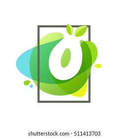 O letter logo in square frame at green watercolor splash background. Vector ecology typography for your posters, invitations, cards. 
