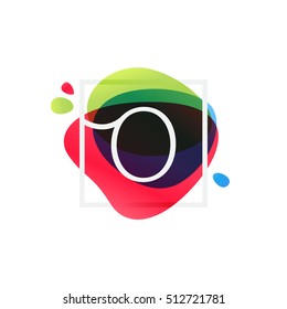 O letter logo in square frame at multicolor splash background. Vector watercolor elements for posters, t-shirts and cards.