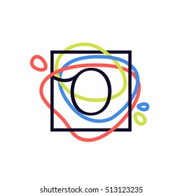 O letter logo in square frame at colorful line background. Font style, vector design template elements for your posters, invitations, cards. 