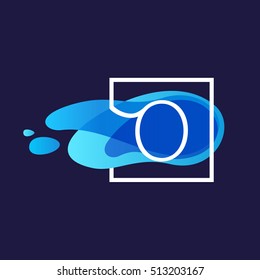 O letter logo in square frame at watercolor blue flow background. Vector ecology typography for your posters, invitations, cards. 