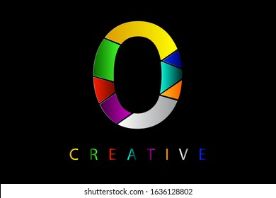 O letter in many colors with broken glass effect. Shattered letter with falling pieces vector illustration for logo, monogram, label, cover, emblem, company name, glass business, firm sign or web page