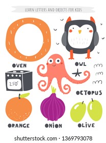 O letter objects and animals including octopus, oven, owl, onion, olive, orange. Learn english alphabet, letters, words for kids