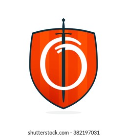 O letter on the sword and shield. Font style, vector design template elements for your application or corporate identity.