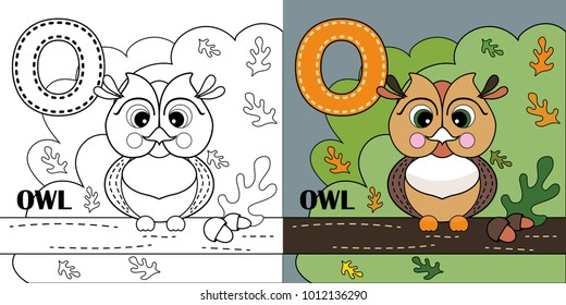 O letter, owl, coloring book or page, vector cartoon. Alphabet