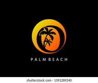 O Letter Palm Tree and Sun Set Logo Icon. Perfect for surfing shop, sport, Tour and Travel. Initial O with sunset and palm tree.