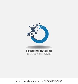 Logotipo de píxel de letra O con el vector de red de concepto de plantilla de tecnología