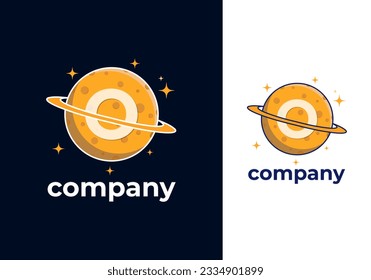O Letter Planet Logo Design Vector Template. Orange Color Saturn Icon with Ring and Letter O Illustration