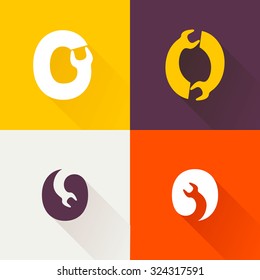 O letter with wrench logo set. Vector repair design template elements for your application or corporate identity.