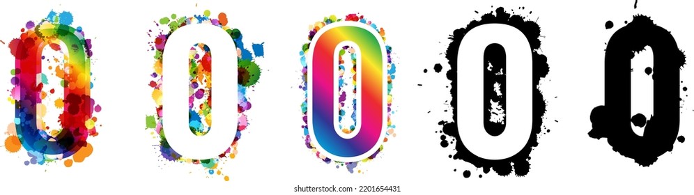 O letters and 0 numbers with rainbow and black paint splash decorative elements. Colorful O letter and 0 number emblems collection. Vector illustration in artistic style.