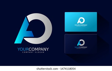 A O Logo and business card. AO Letter modern Design Vector with blue and silver gradient color.