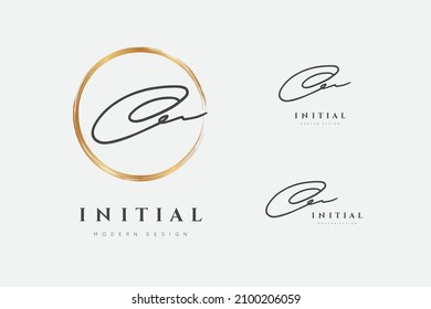 O logo. Initials letter o in gold circle. Initial signature. Design fashion handwriting monogram. Handwritten identity name. Abstract paintbrush font. Brush writing calligraphy. Write script. Vector 