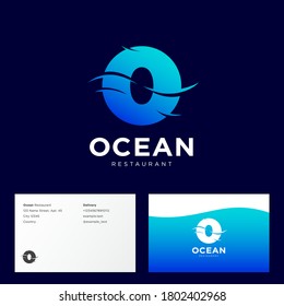 O monogram with waves. Ocean logo, sea emblem, fishing logo. O letters. Business card.