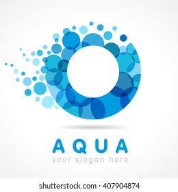 O name logotype concept. Isolated abstract design. Stained-glass colored trendy graphic template. Pure clear drinking blue bubbles bunch. Corporate healthcare branding identity. Washing blue sparkling