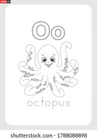 O for Octopus Alphabet  with illustration for Tracing Worksheet, Exercises for kids 