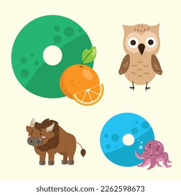 O o Orange Octopus Owl Ox Cartoon Vektorgrafik