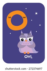 O for owl alphabet flashcards template for baby vector/illustration