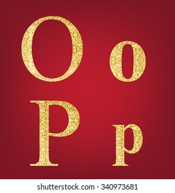 O P alphabet set  made up of gold spangles on the red background