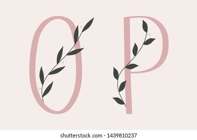 O and P letter set of a pink alphabet with floral elements.