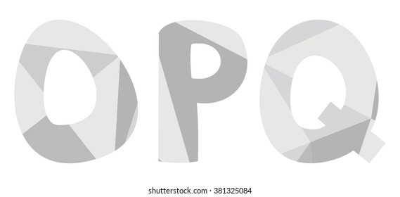 O, p, q low poly wrapping surface pastel grey vector alphabet letter isolated on white background
