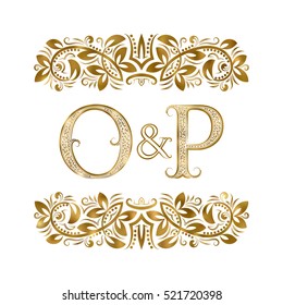 O and P vintage initials logo symbol. The letters are surrounded by ornamental elements. Wedding or business partners monogram in royal style.