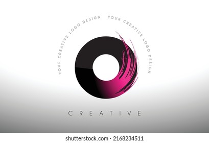 O Paint Brush Letter Logo Design with Artistic Brush Stroke in Black and Purple Colors Vector Illustration.